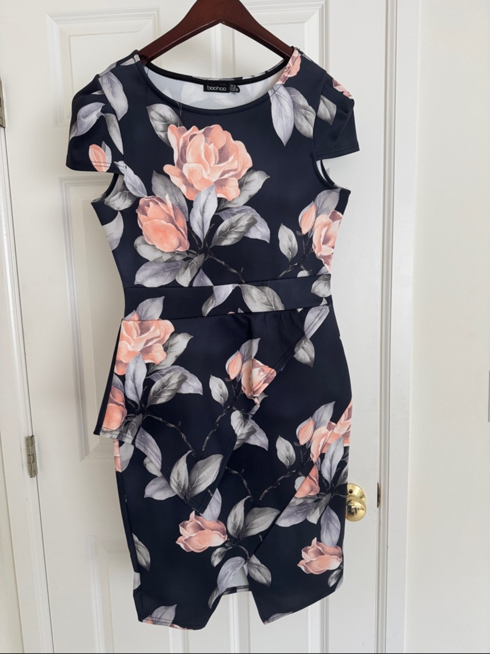 Boohoo Navy Midi Dress with Blush Floral Print